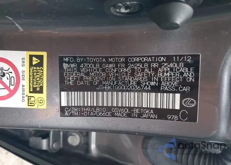 2013 Lexus Es 350 из США, поврежденный, VIN JTHBK1GG0D2036744